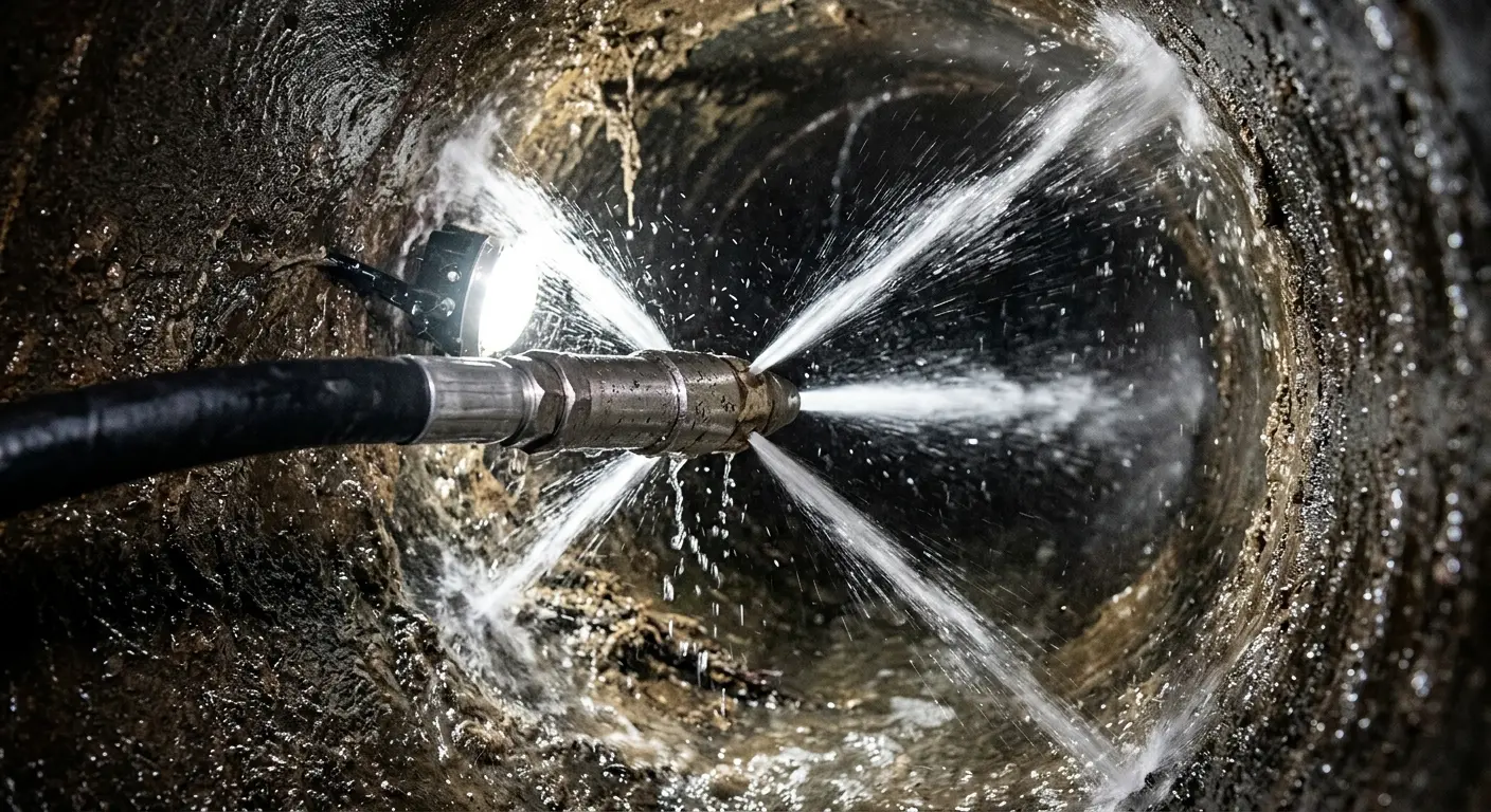 High-pressure hydro jetting nozzle cleaning sewer pipe for Trenchless Sewer Repair in La Grange