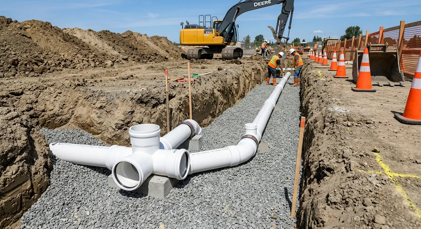 New PVC sewer pipe installation in open trench for Sewer Backup in La Grange