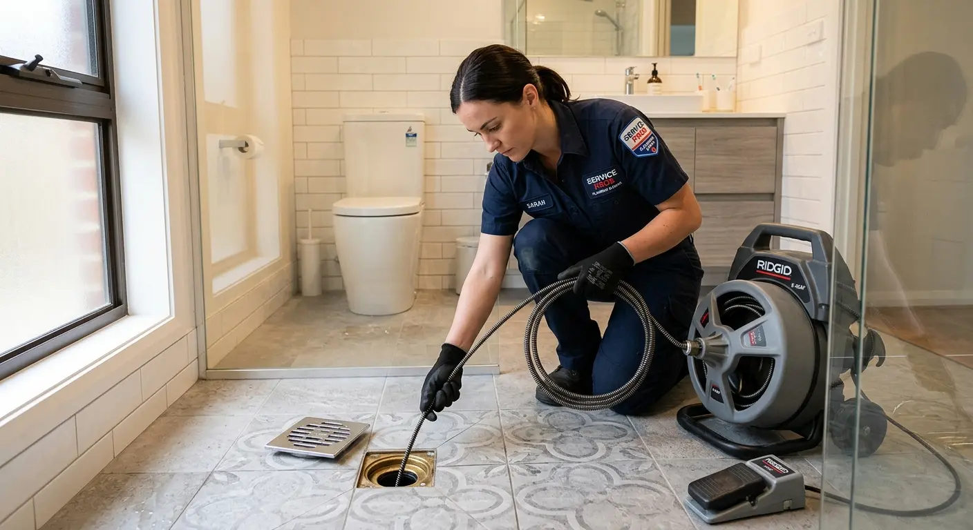 Technician clearing a bathroom floor drain for Drain Cleaning in La Grange